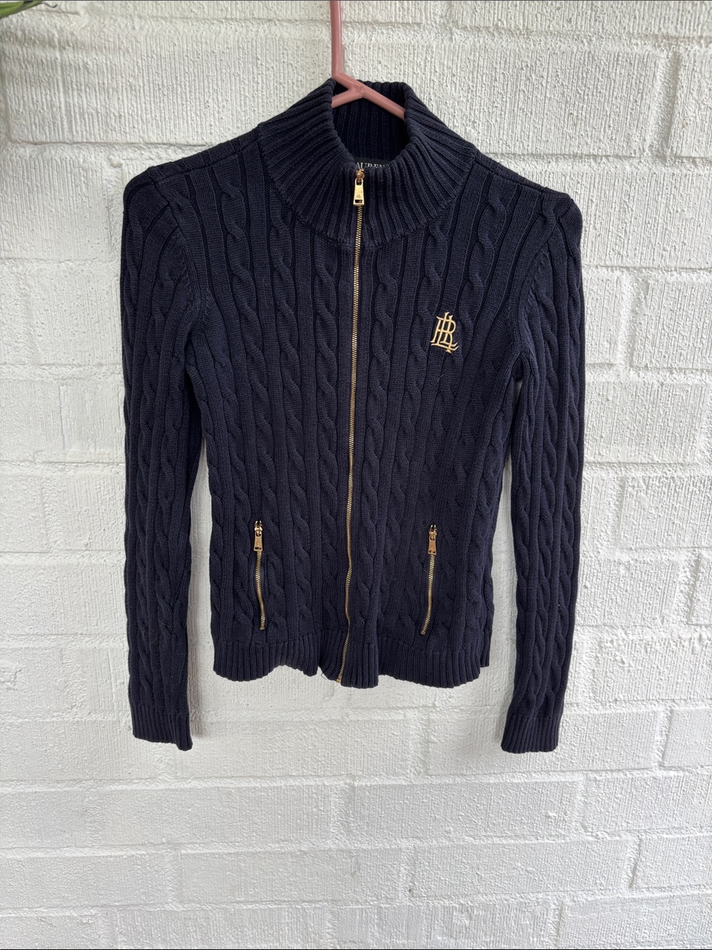Ralph Lauren Black Label Navy Cable-Knit Zip-Front Cardigan sz S